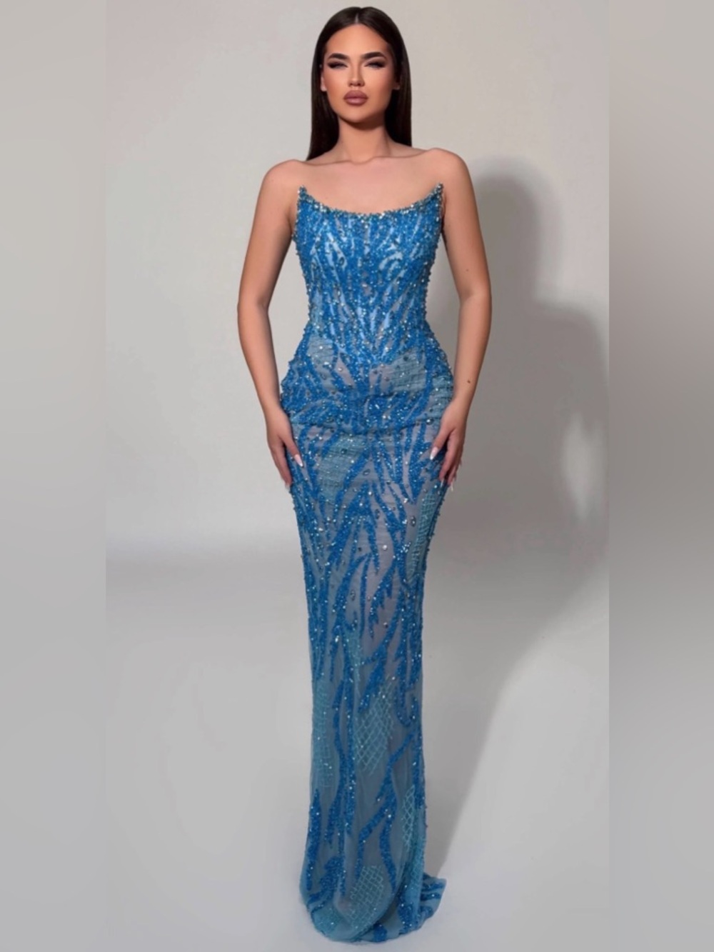 Elegant Blue Beaded Sheer Evening Dress